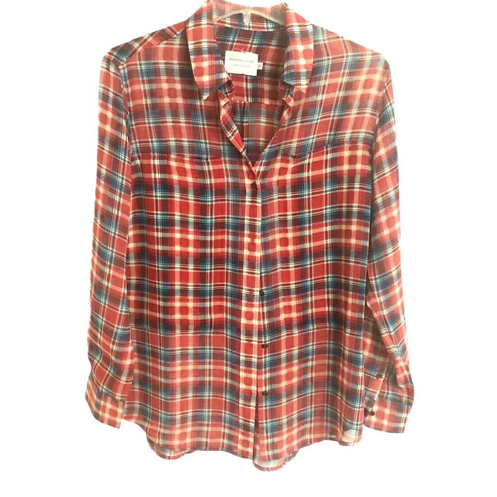 Shades of Grey by Micah‎ Cohen Sz M Womens Blue Red Plaid Sheer Shirt Tunic Top